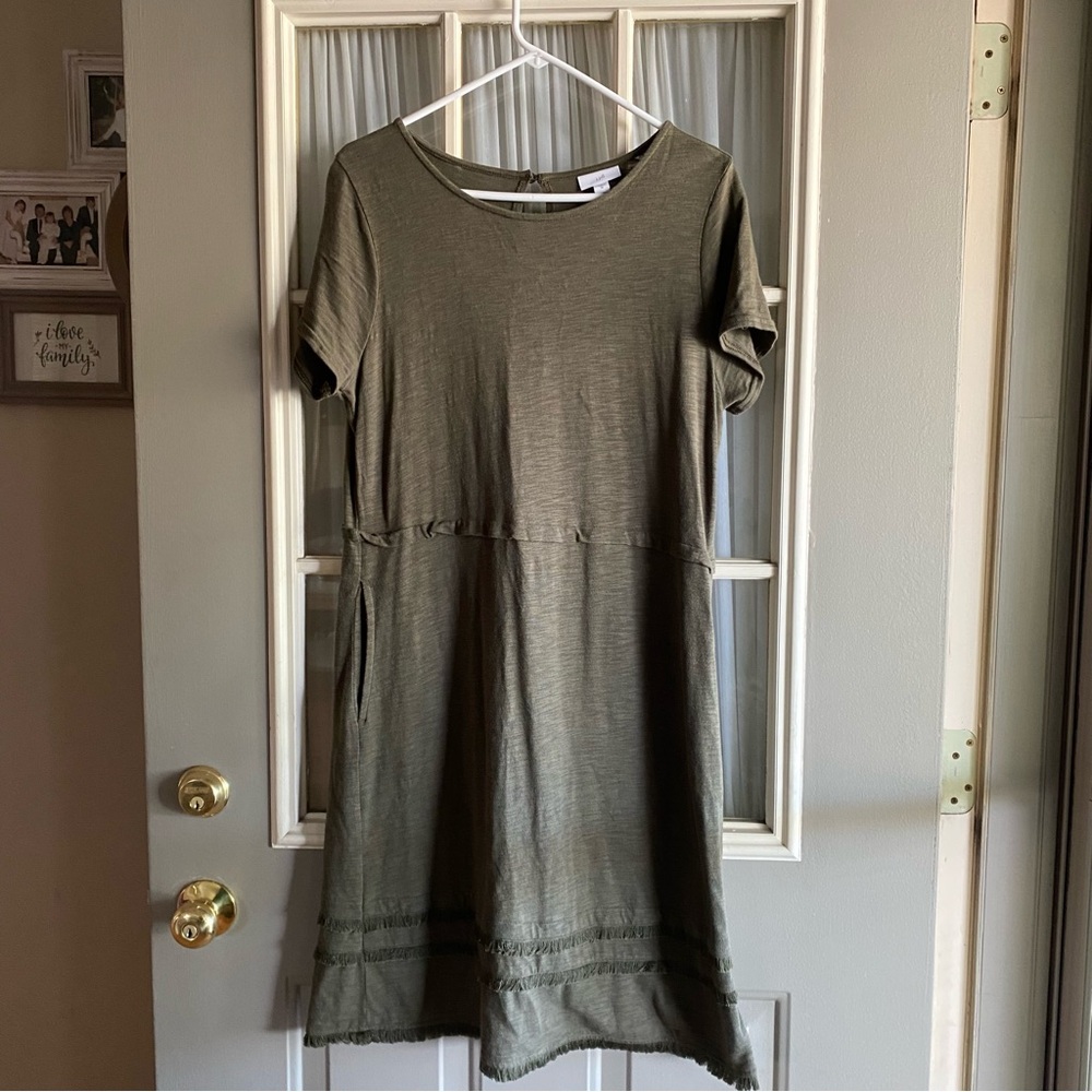 J. Jill Army Green Fringe Trim Dress